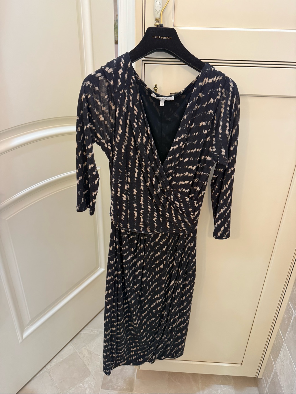Women’s Black And Beige Wrap Dress - Elegant V-Neck Midi